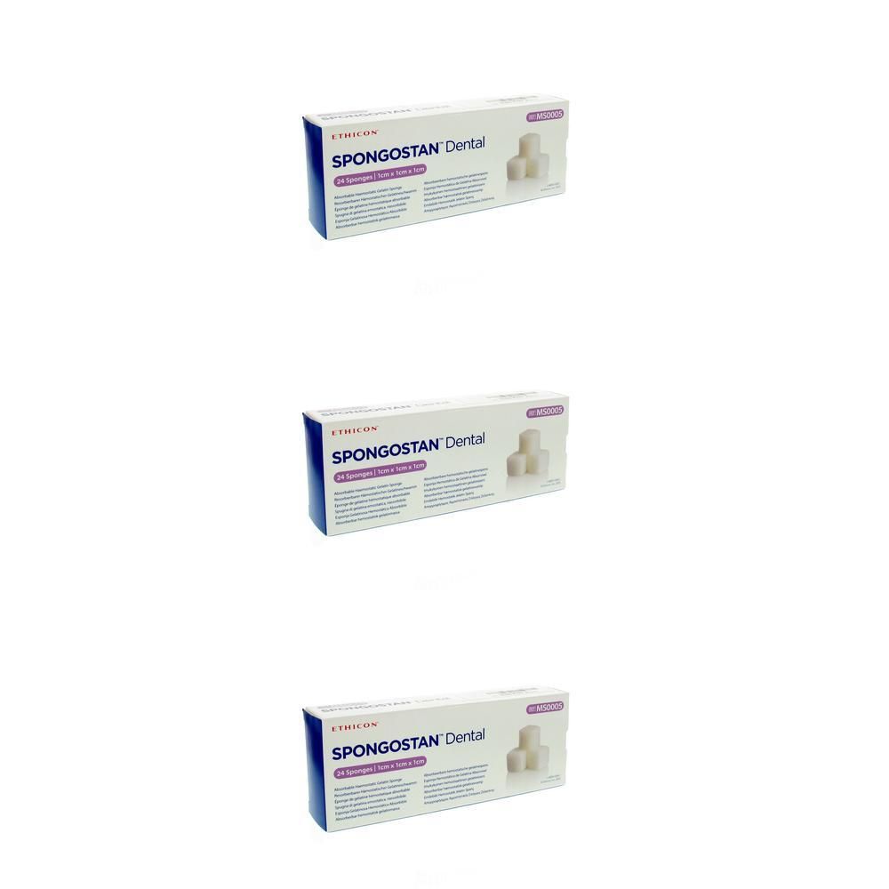 Trois boîtes de Spongostan Dental, 1x1x1 cm. Chaque boîte contient de petits cubes de spongieux blancs.