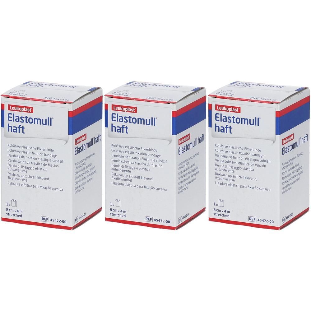 Trois paquets de Leucoplast Elastomull Haft bandage. 8cm x 4m étiré.