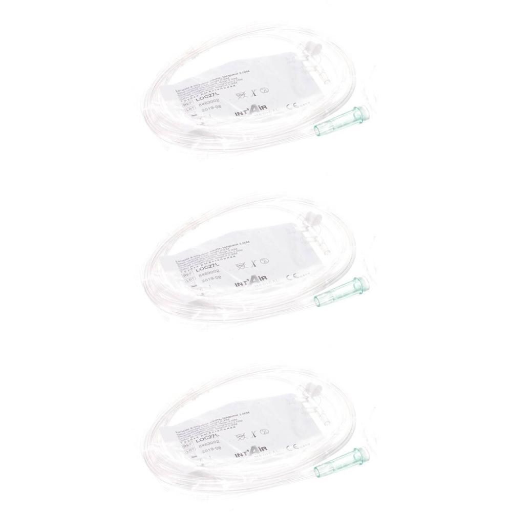 Drie transparante slangen met groene connector, individueel verpakt.