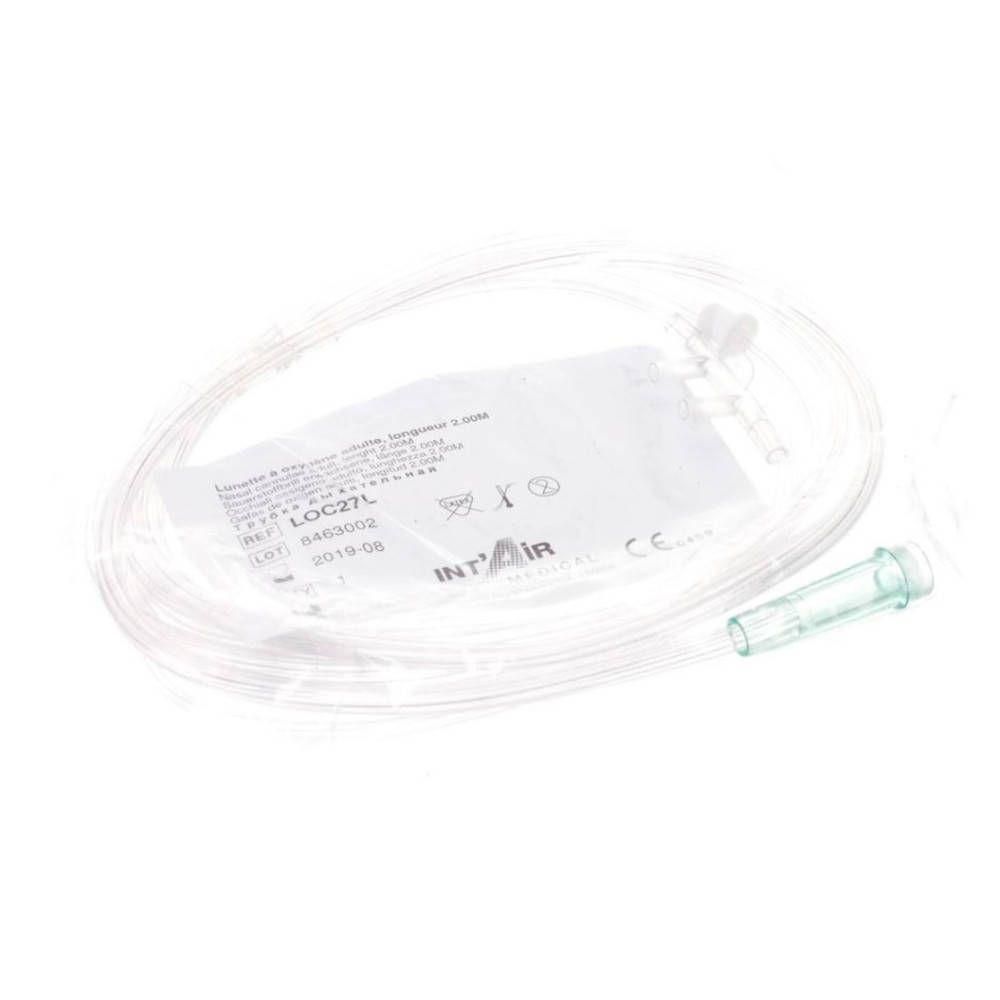 Transparante slang met neusstuk en connector voor zuurstoftherapie.