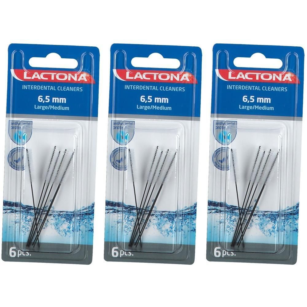 Trois paquets de nettoyants interdentaires Lactona, 6,5 mm, Large/Medium, 6 pièces chacun.
