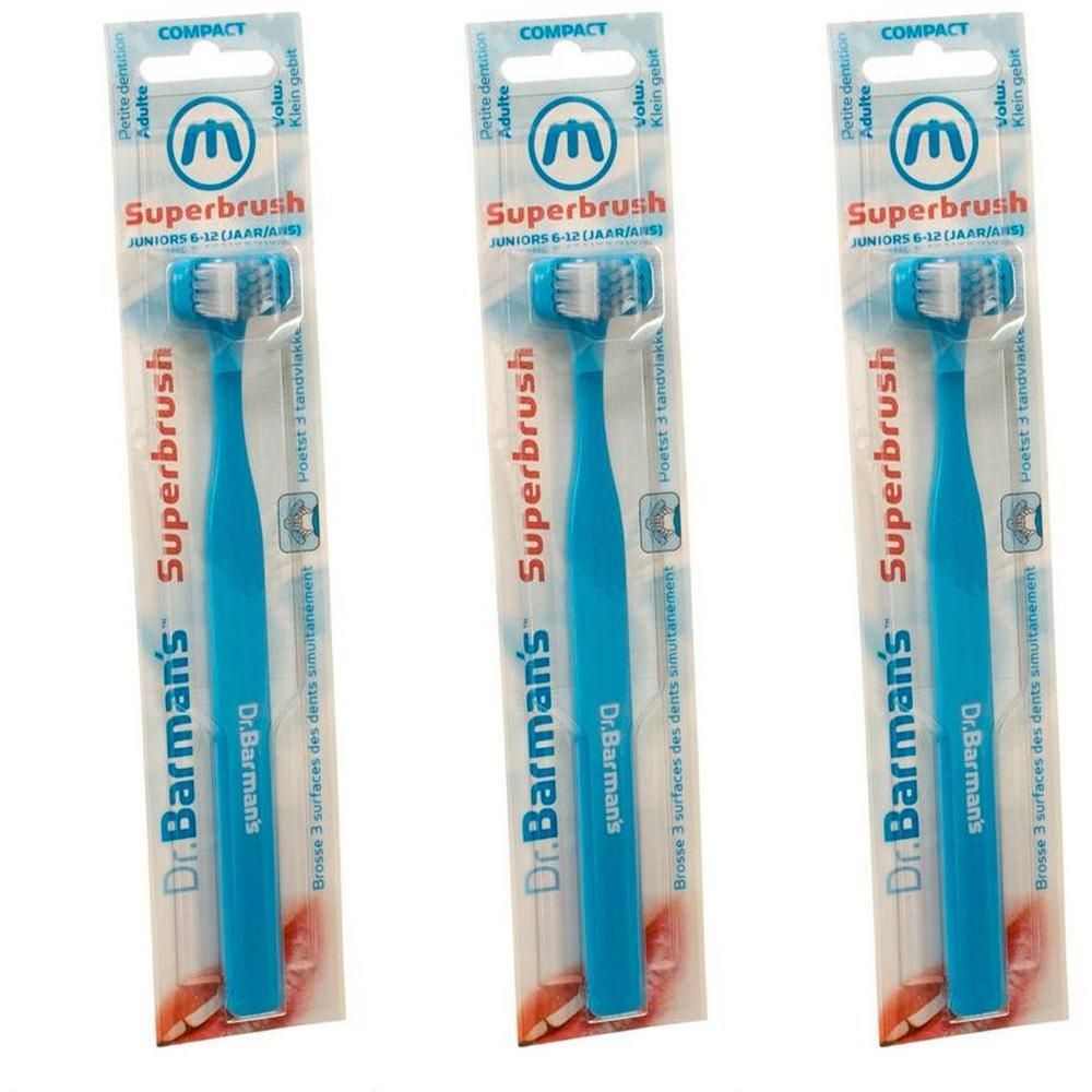 Trois brosses à dents bleues Junior Dr. Barman's Superbrush pour 6-12 ans, emballées.