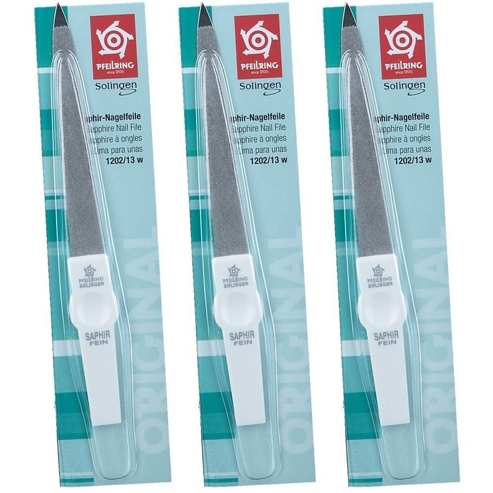 Drie Pfeilring Solingen saffier nagelvijlen, model 1202/13 W, in blisterverpakking.