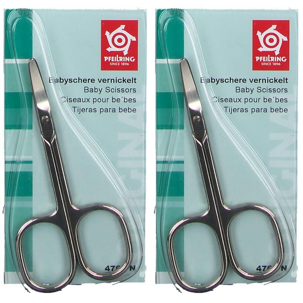 Twee PFEILRING babynagelschaartjes, vernikkeld, in blisterverpakking.
