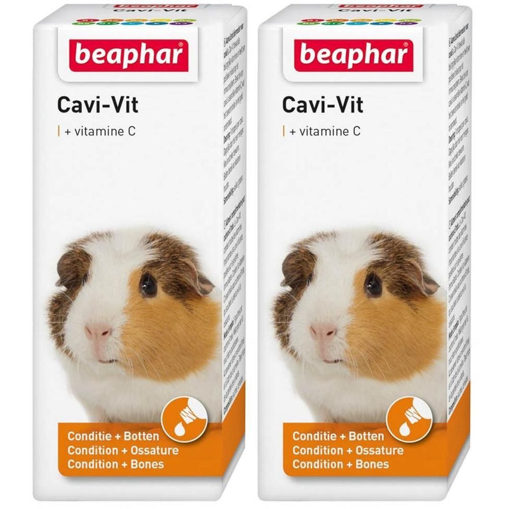 Deux boîtes Beaphar Cavi-Vit avec vitamine C et image de cochon d'Inde.