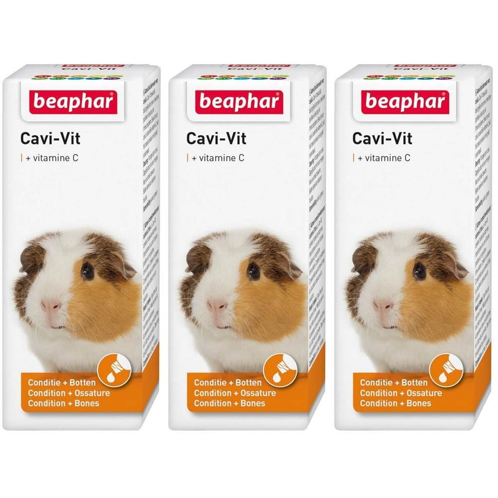Trois boîtes Beaphar Cavi-Vit avec vitamine C et image de cochon d'Inde.