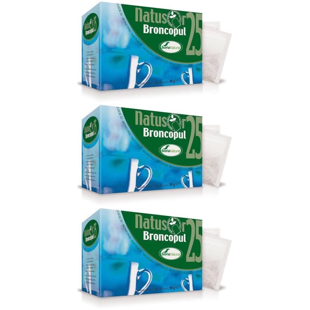 Trois boîtes de tisane Natusor Broncopul 25, avec illustration de tasses.