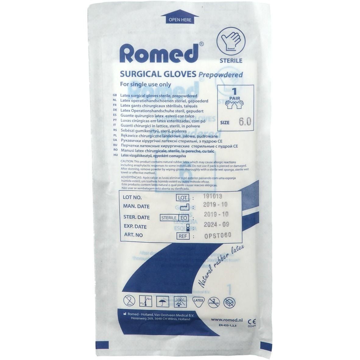 Gants chirurgicaux Romed stériles en latex, taille 6.0, 1 paire.