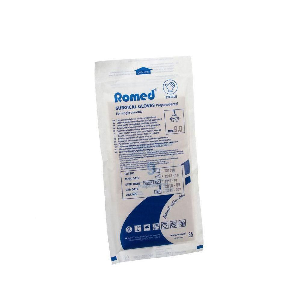 Verpakking Romed chirurgische handschoenen, maat 9.0, gepoederd, van natuurrubberlatex.