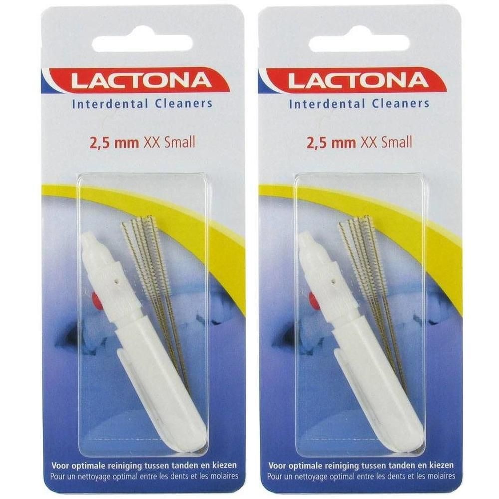 Twee pakken Lactona Interdentaire Reinigers, 2,5 mm XX Small, met witte handvatten en draadborstels.