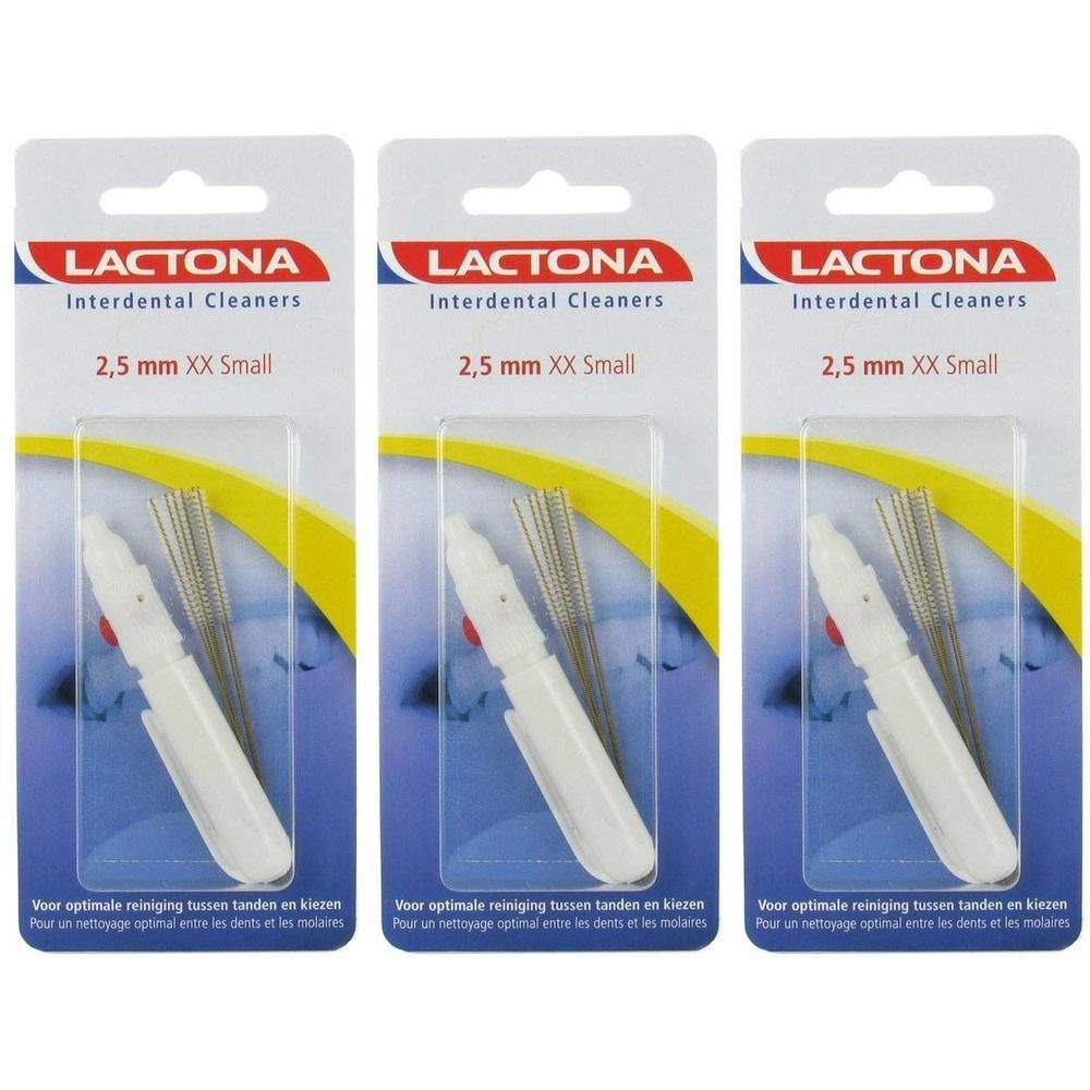 Drie pakken Lactona Interdentaire Reinigers, 2,5 mm XX Small. Witte handvatten met metalen borstels.
