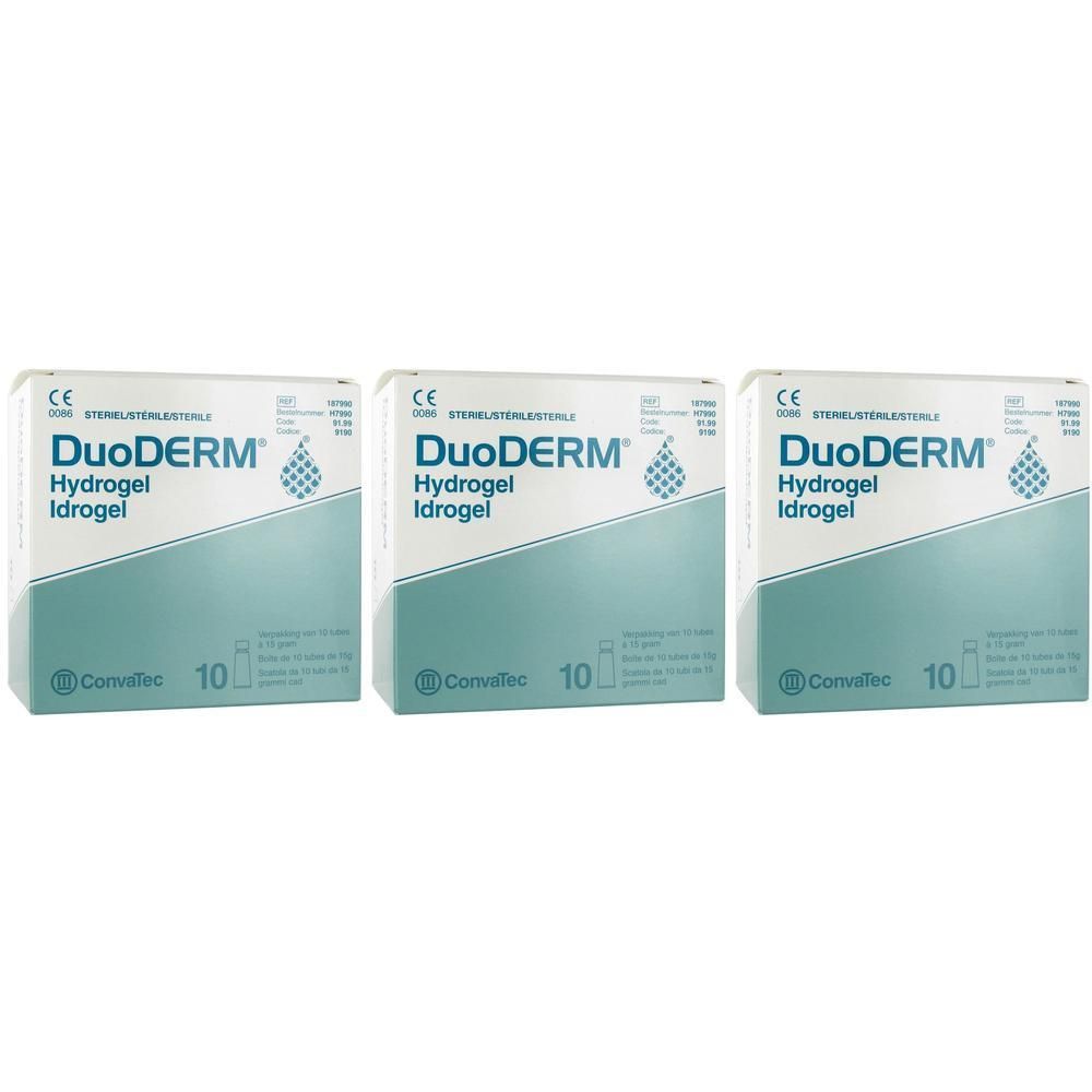 Drie pakken DuoDERM Hydrogel, elk met 10 steriele verbanden. CE-markering zichtbaar.