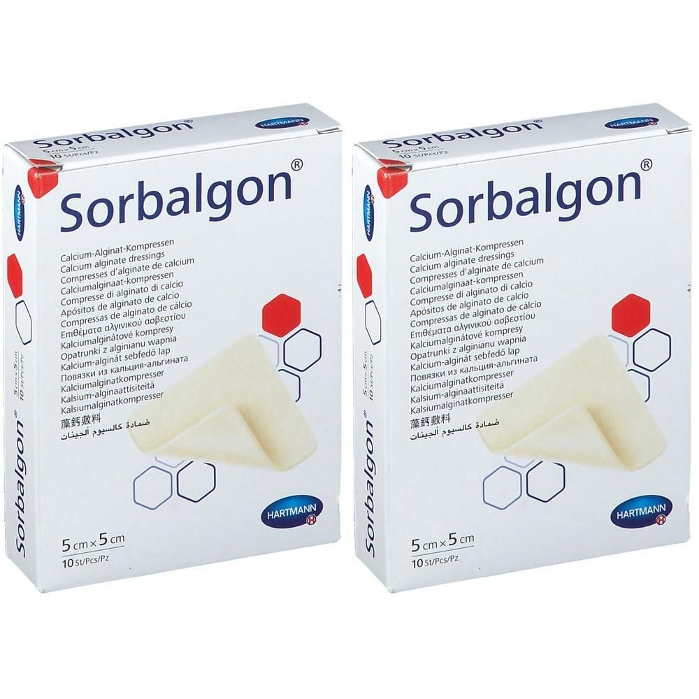 Deux paquets de Hartmann Sorbalgon® Classic compresses d'alginate de calcium, 5x5cm.