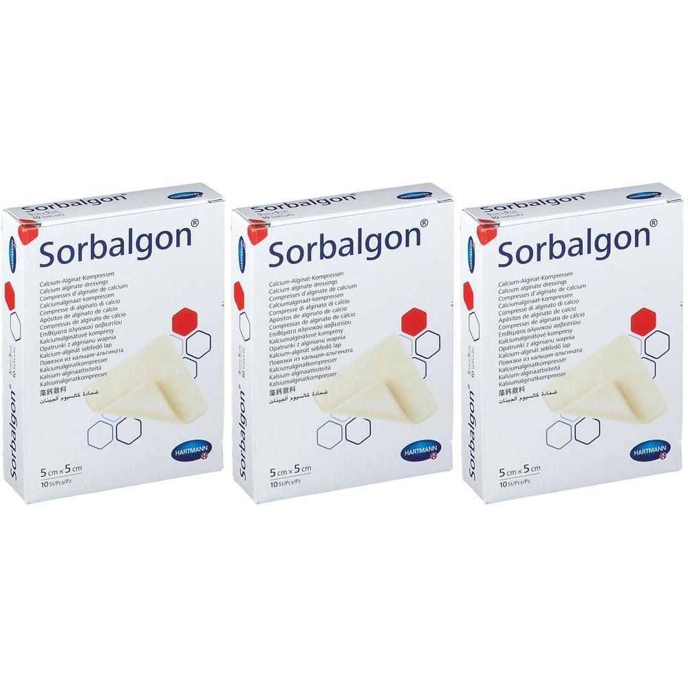 Trois paquets de pansements Hartmann Sorbalgon® Classic, 5x5cm.