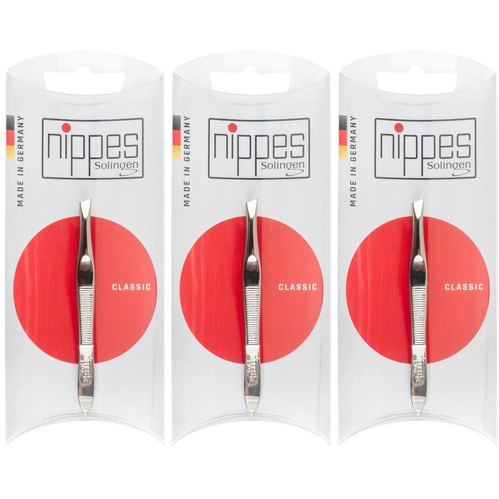 Trois paquets de pinces à épiler Nippes, biseautées, larges, N37. Métal, couleur argent.