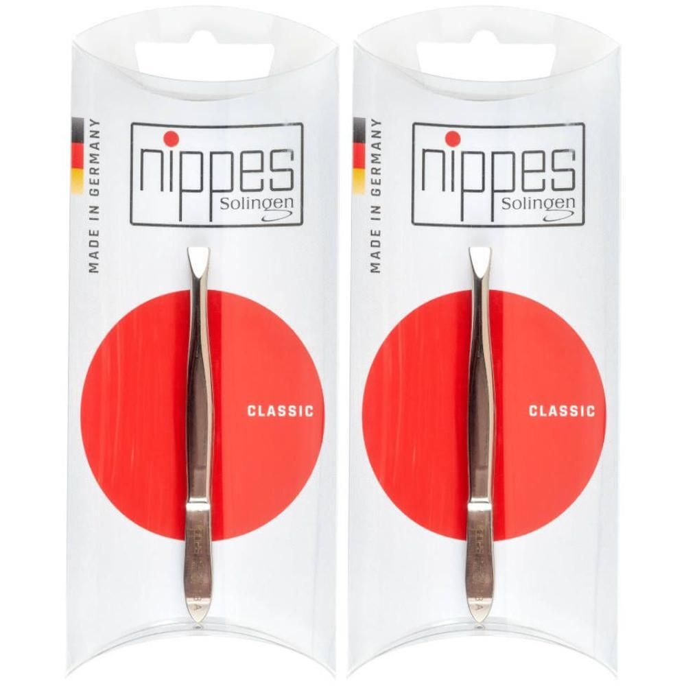 Deux pinces à épiler Nippes droites, modèle "Classic", emballage allemand.