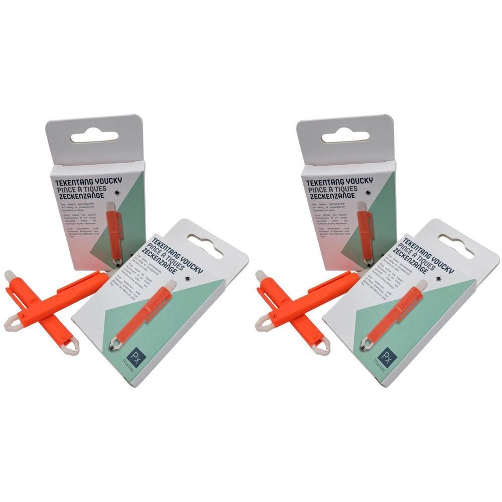 Deux pinces à tiques orange en blister avec boîte en carton.