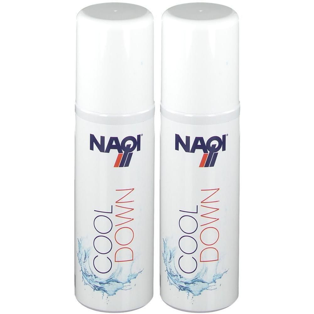 Deux flacons blancs avec inscription NAQI COOL DOWN et éclaboussures d'eau.