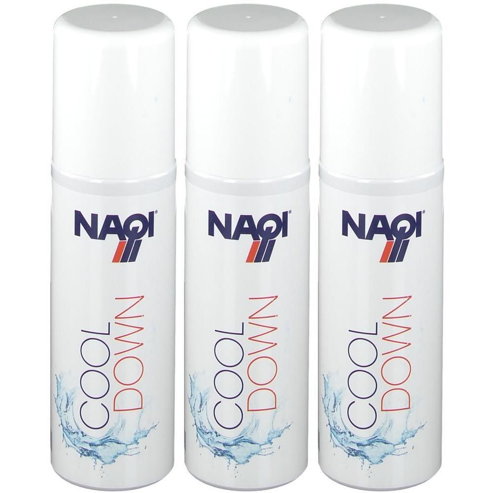 Drie witte flacons met NAQI logo en opschrift "COOL DOWN".