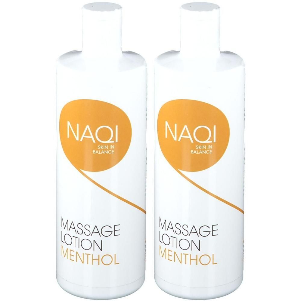 Twee witte flessen NAQI Massage Lotion Menthol met oranje-geel logo.