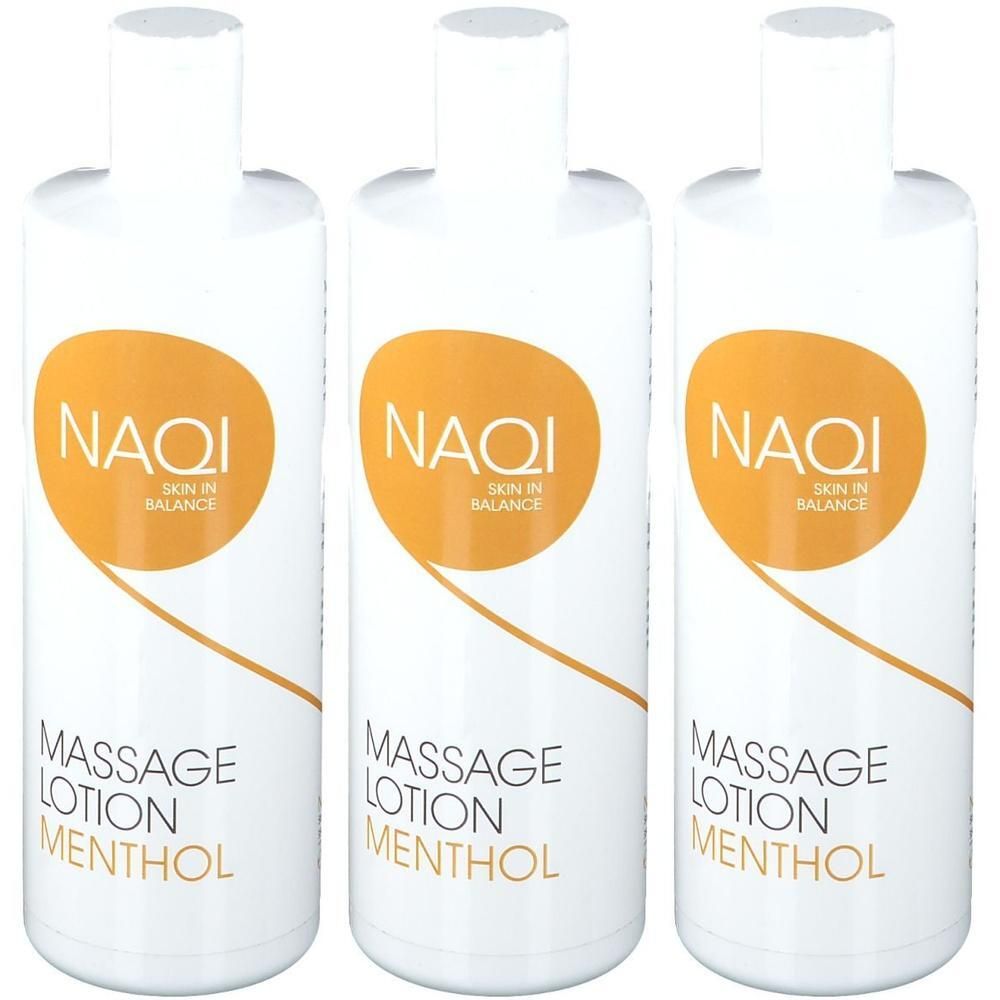 Drie witte flessen NAQI Massage Lotion Menthol met oranje logo.
