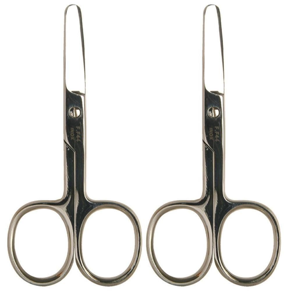 Deux petits ciseaux en acier inoxydable à pointe arrondie.