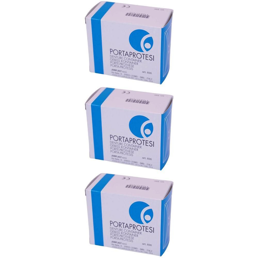 Trois boîtes blanches avec des bandes bleues et le logo 'PORTAPROTESI'.