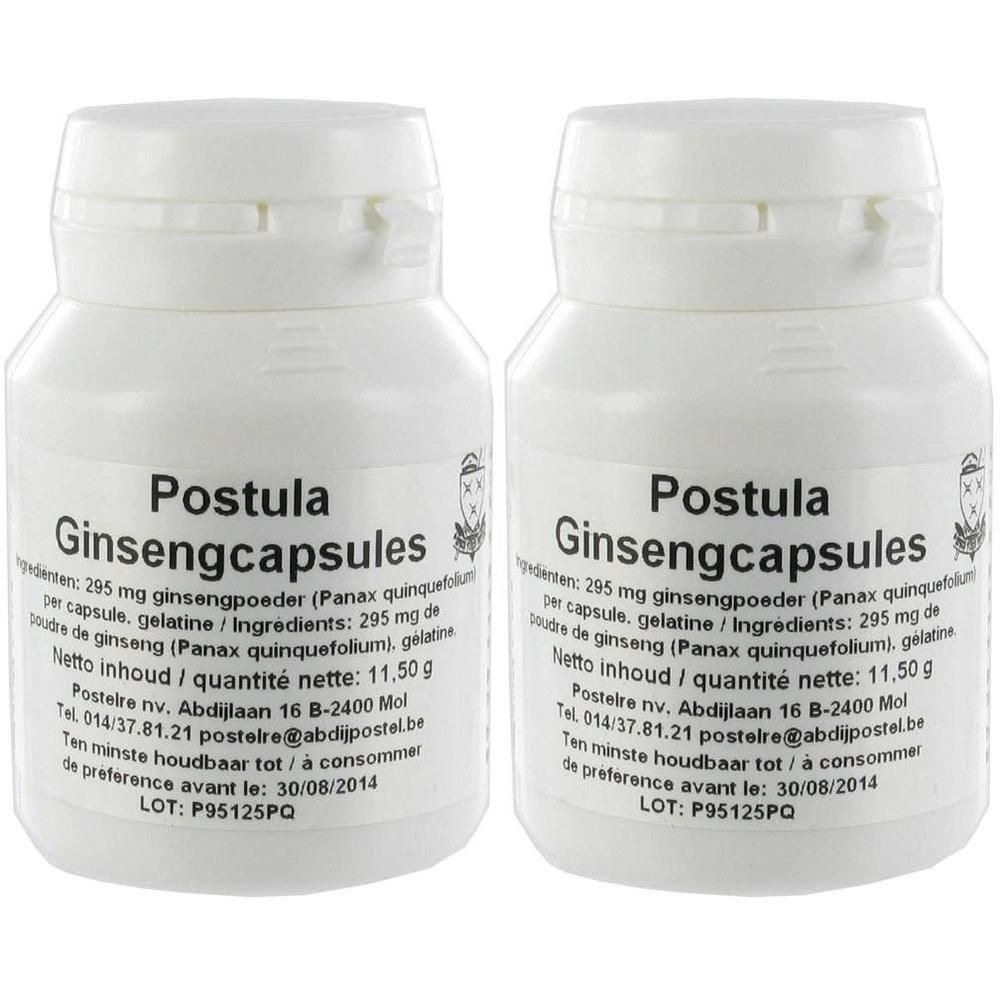 Deux contenants blancs de capsules de ginseng Postula. Chaque capsule contient 295 mg de poudre de ginseng.