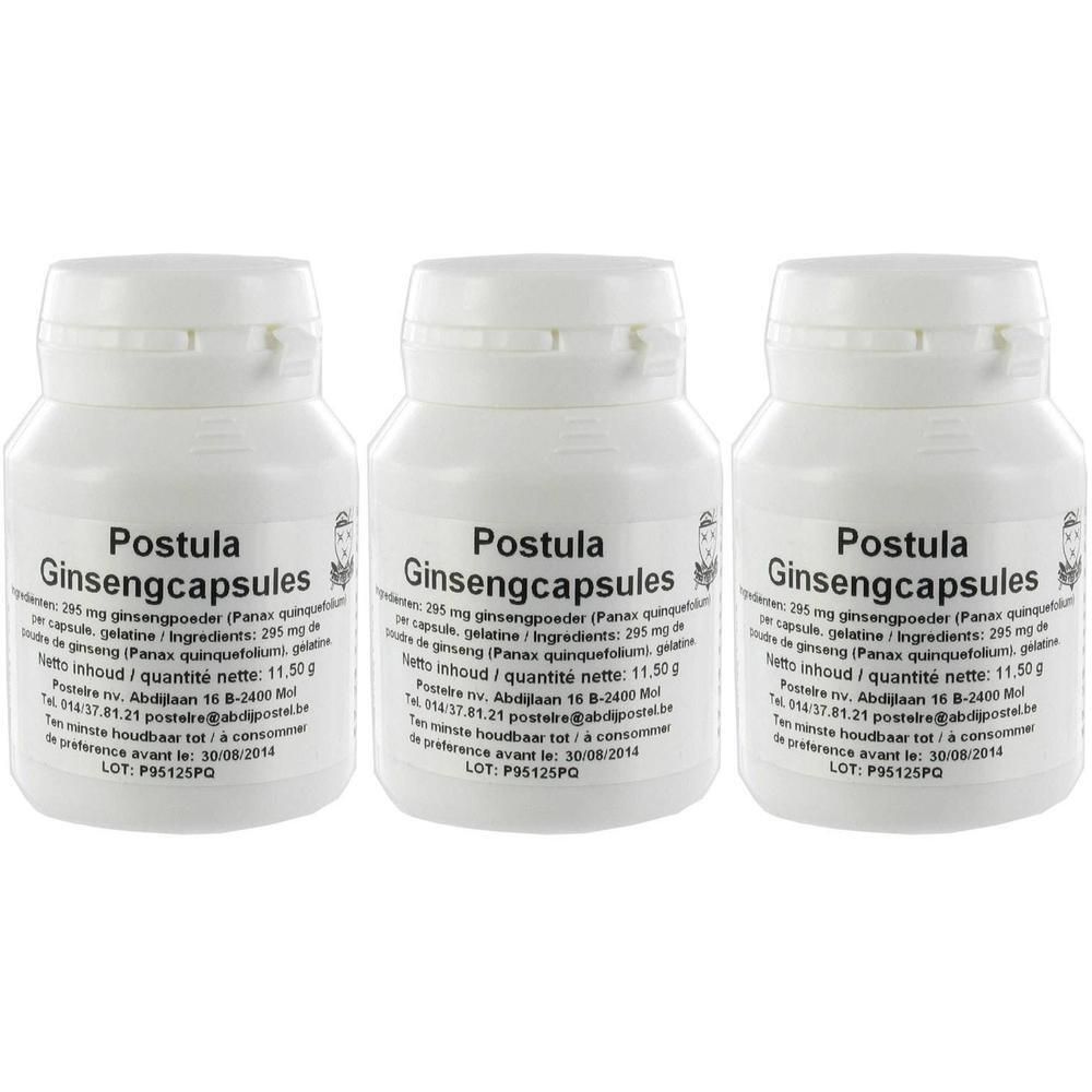 Trois flacons de Postula Ginsengcapsules avec étiquettes indiquant 295 mg de poudre de ginseng par capsule.