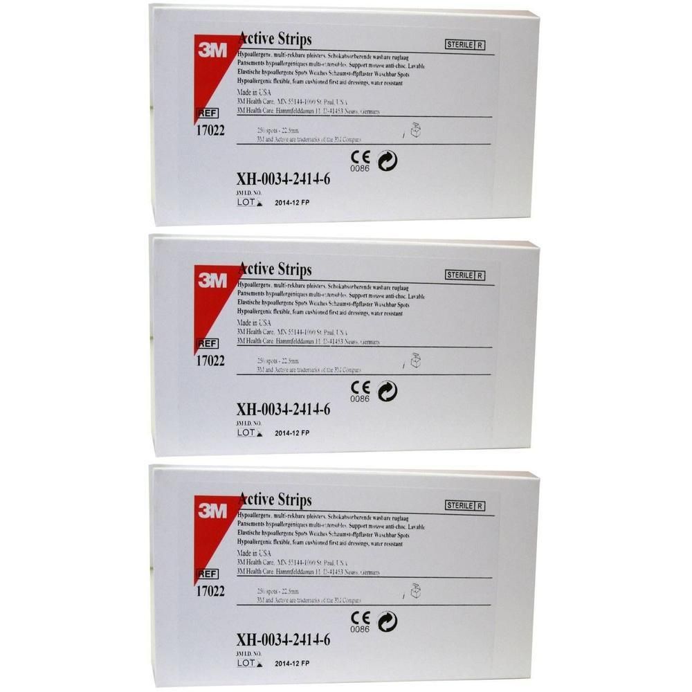 Trois paquets de 3M Nexcare Active Strips, stériles.