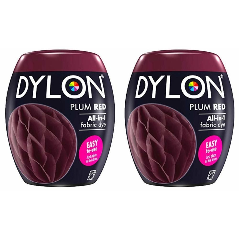 Deux boîtes de teinture textile Dylon Rouge Prune. Tout-en-1, facile à utiliser.