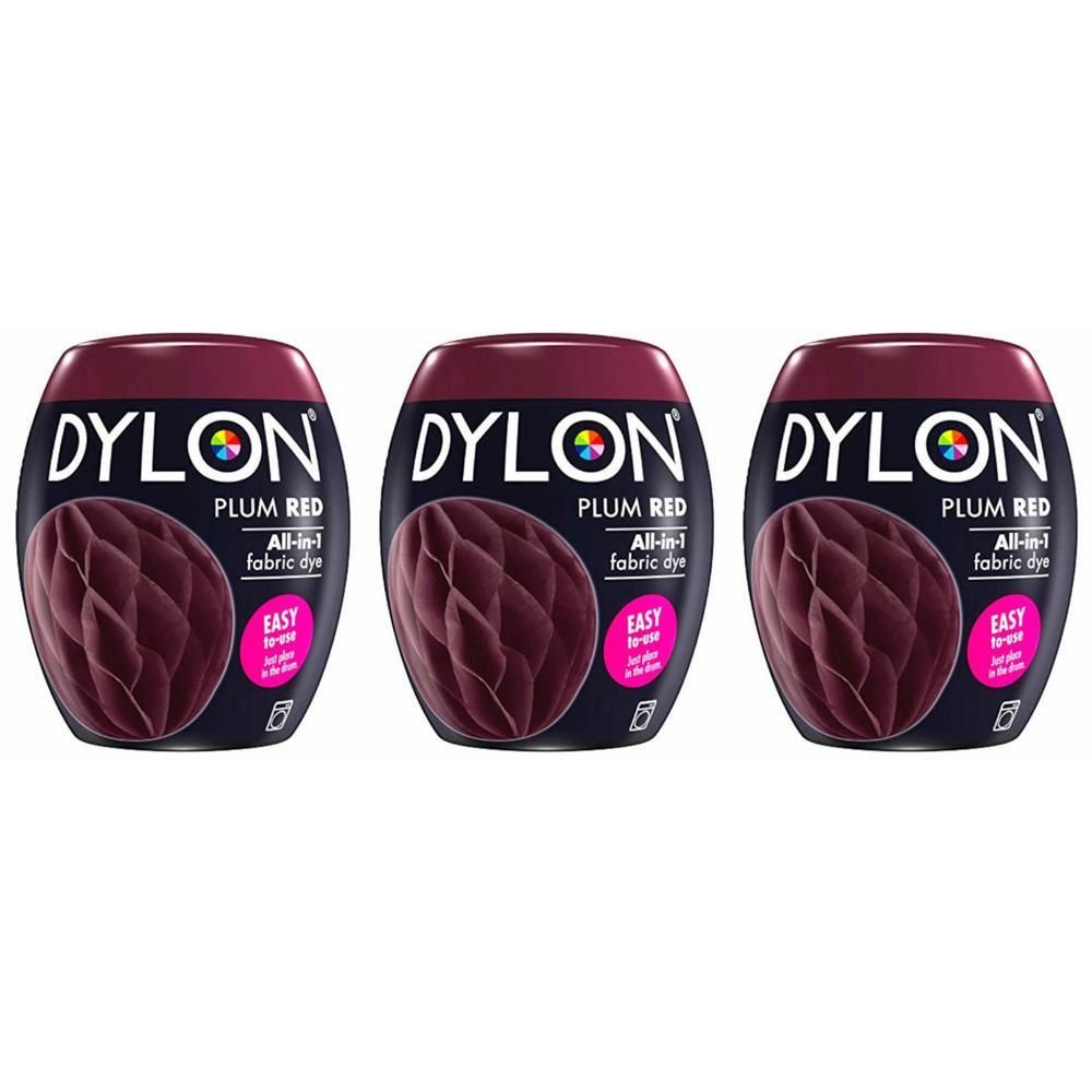 Drie Dylon textielverfkokers in Plum Red, all-in-1 machineverf.