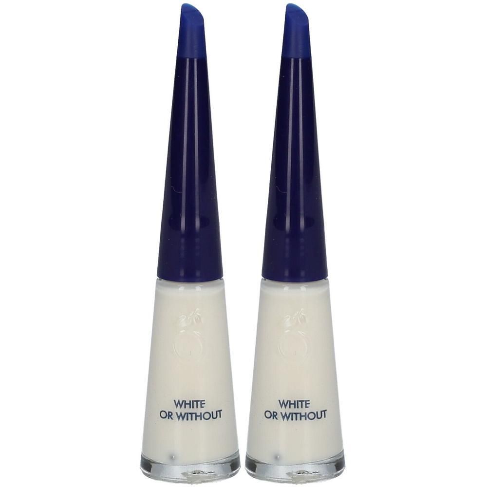 Deux flacons de vernis à ongles blancs avec applicateurs bleus, marqués 'WHITE OR WITHOUT'.
