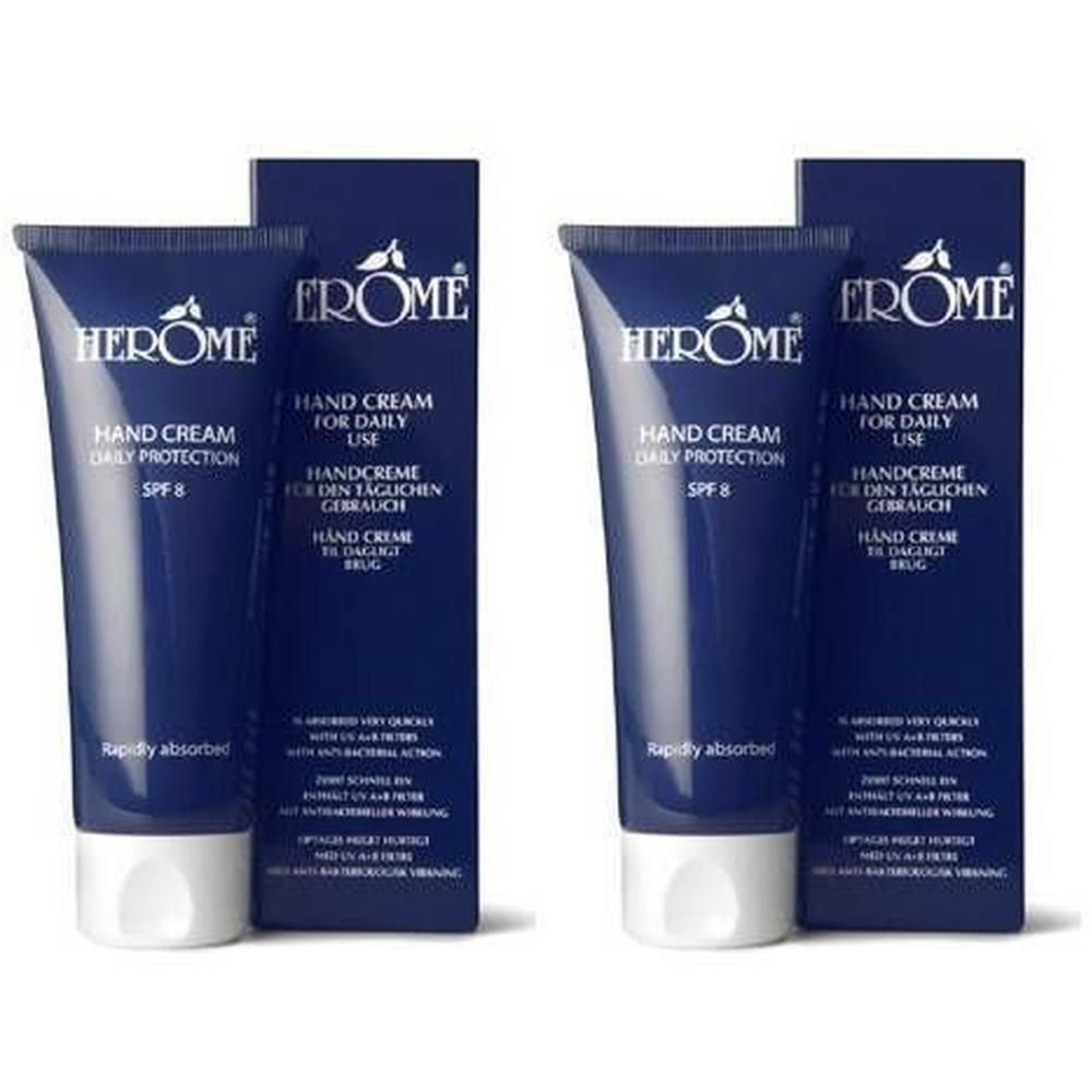 Deux tubes de crème pour les mains avec capuchon protecteur et boîte. Marque : Herome.