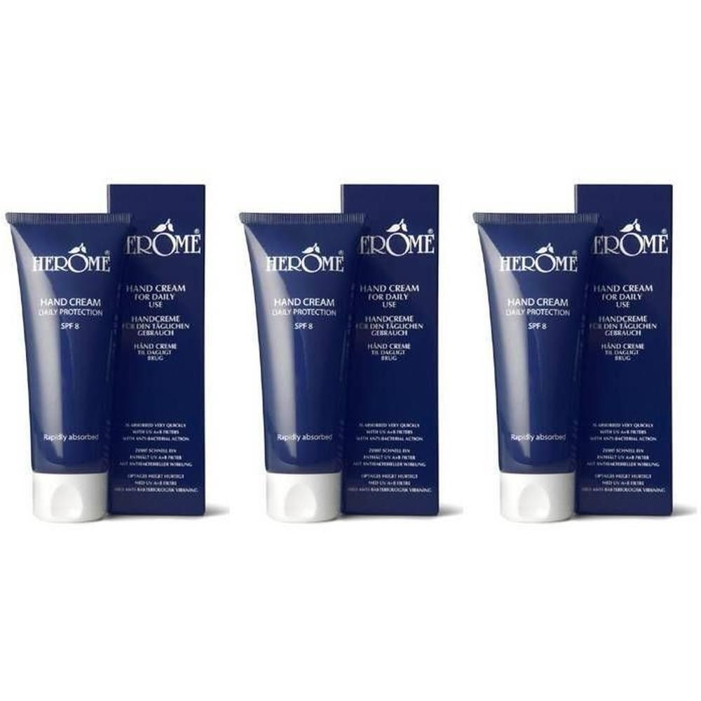 Drie tubes handcrème met doosjes, Herome Hand Cream Daily Protection SPF 8.