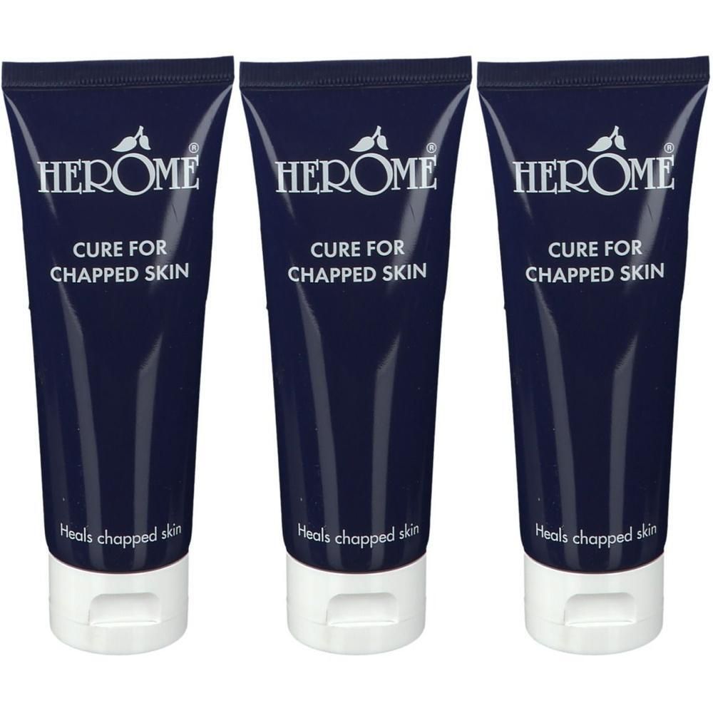 Trois tubes bleu foncé avec inscription blanche : Herôme, Cure for Chapped Skin, Heals chapped skin.
