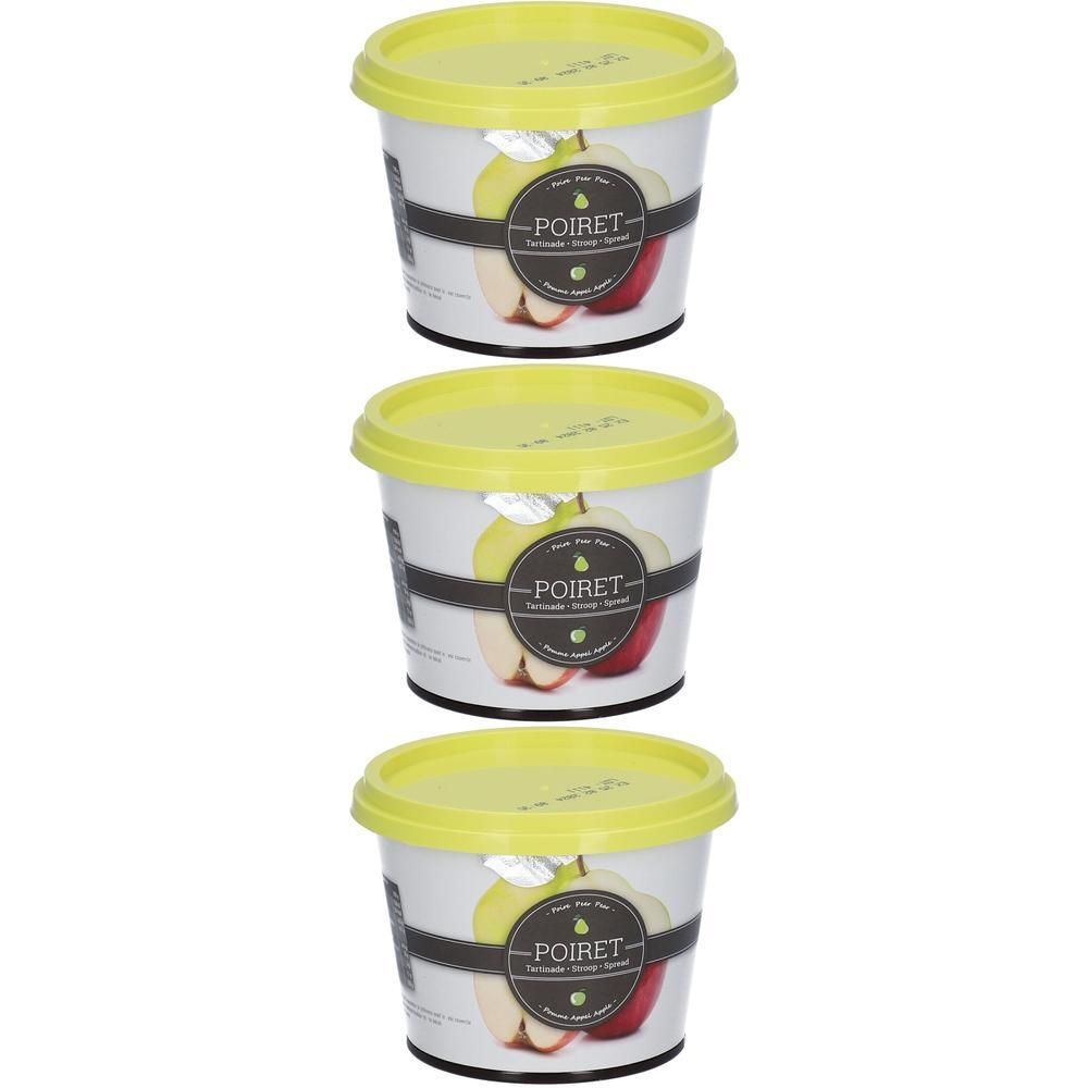 Trois pots avec couvercles jaunes, montrant des illustrations de pommes et de poires.