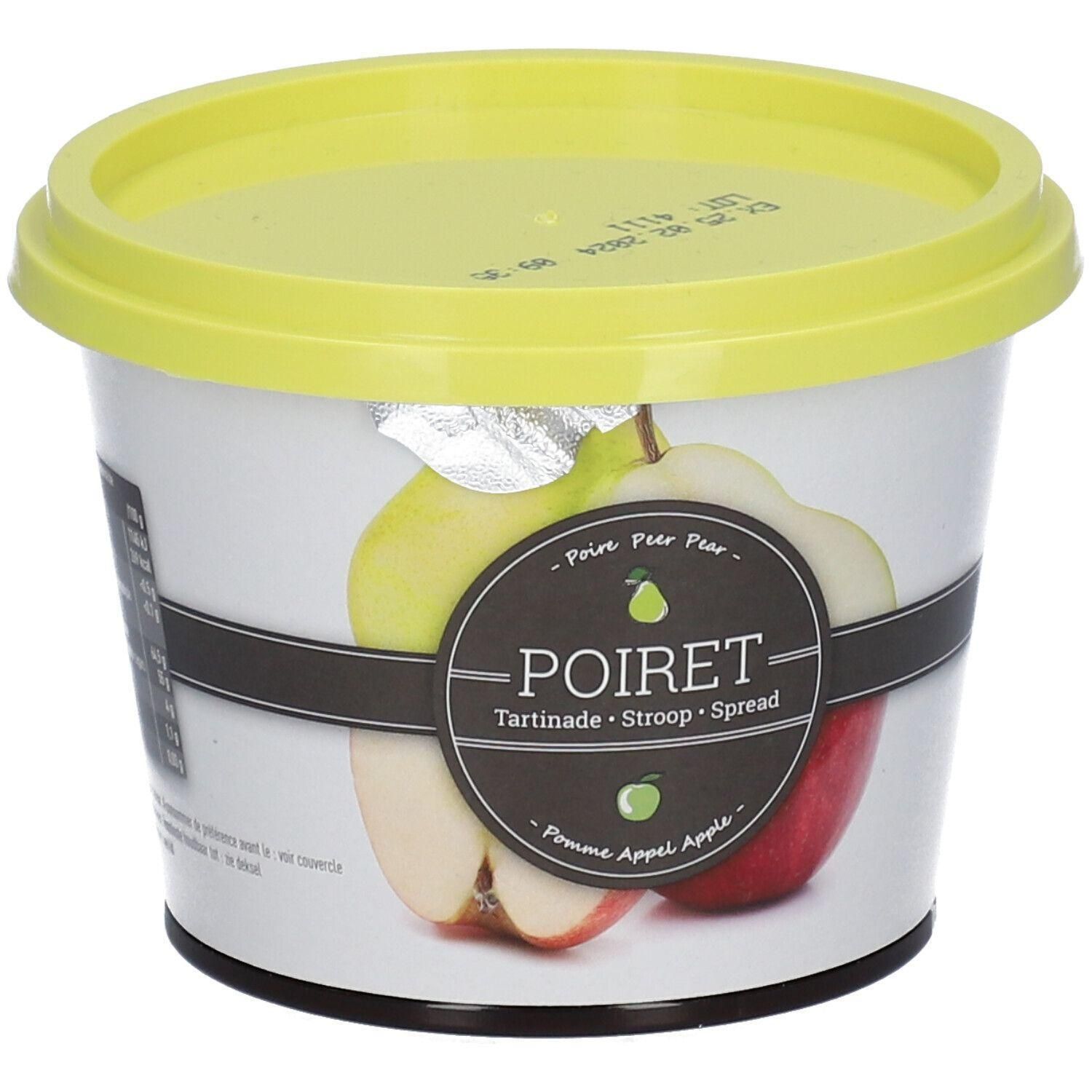 Un pot avec un couvercle jaune, présentant la tartinade Poiret Pomme-Poire.