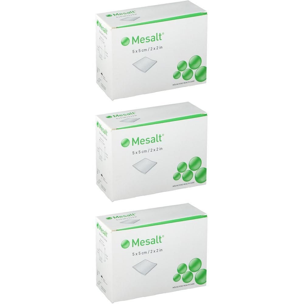 Trois boîtes de compresses Mesalt stériles, 5x5cm.