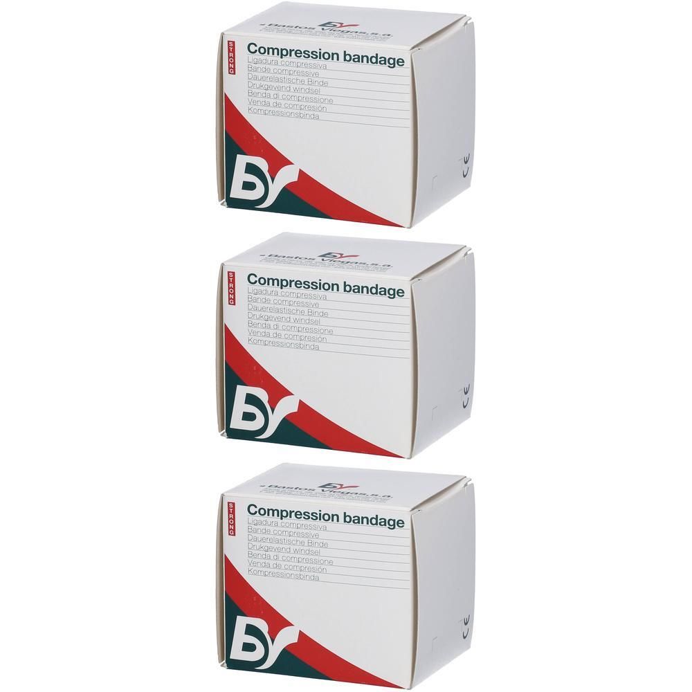 Trois boîtes de bandage compressif avec bande rouge et bleue et logo 'BY'.