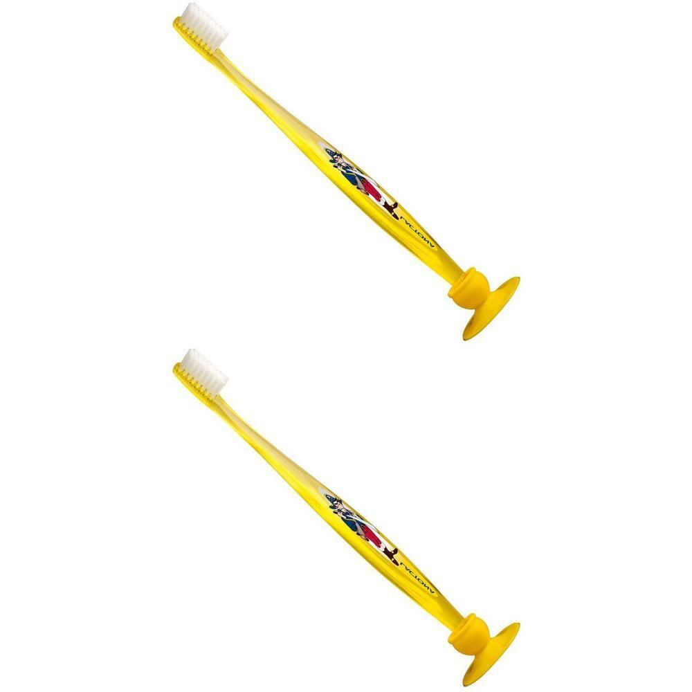 Deux brosses à dents jaunes pour enfants avec poils blancs et un pied à ventouse. Des images colorées sont sur le manche.