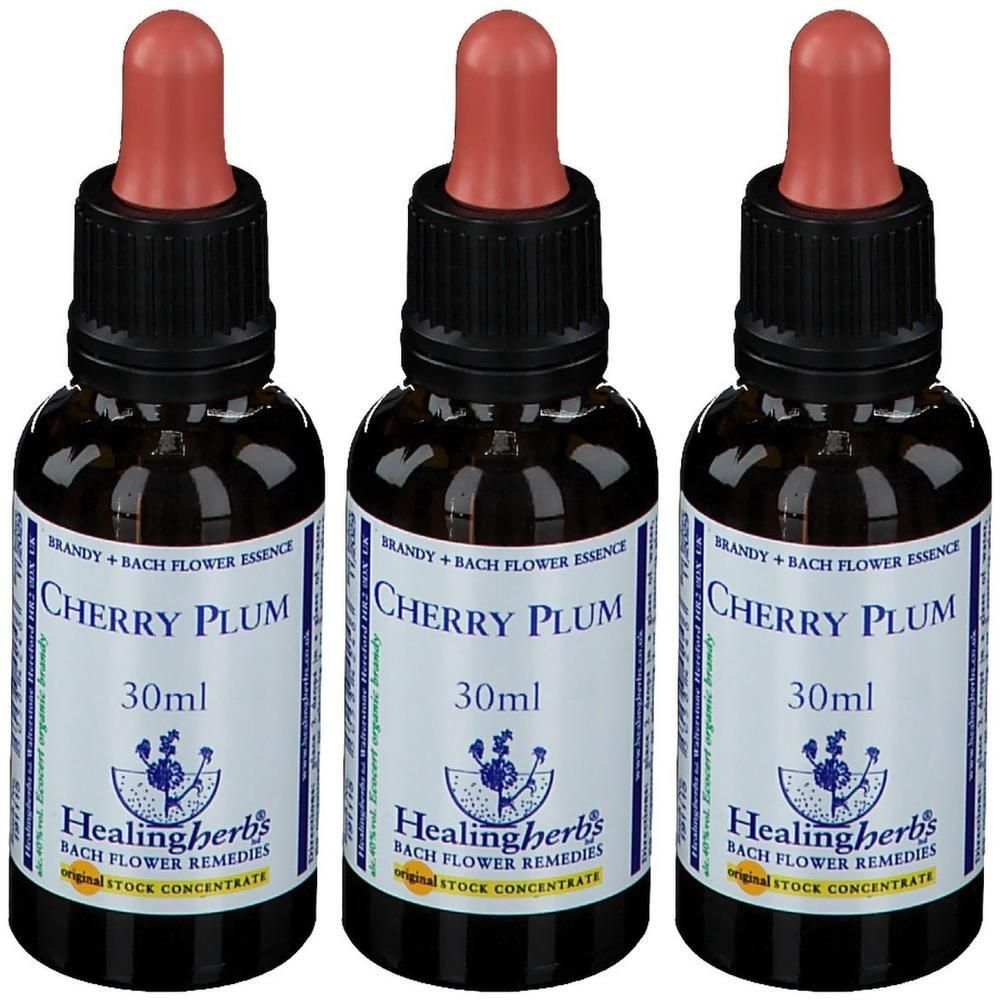 Drie flesjes Cherry Plum Bach bloesem remedie, 30ml.