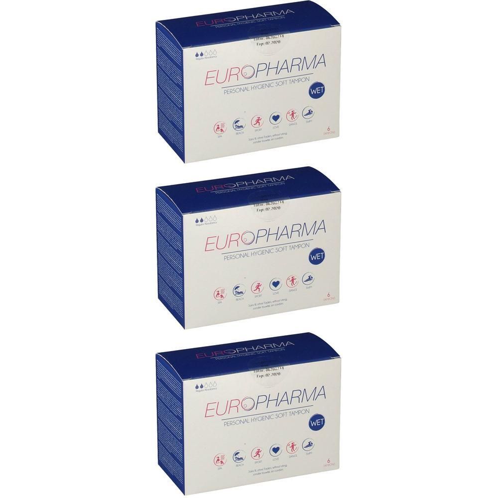 Trois paquets de tampons souples Europharma, tampons souples d'hygiène personnelle.