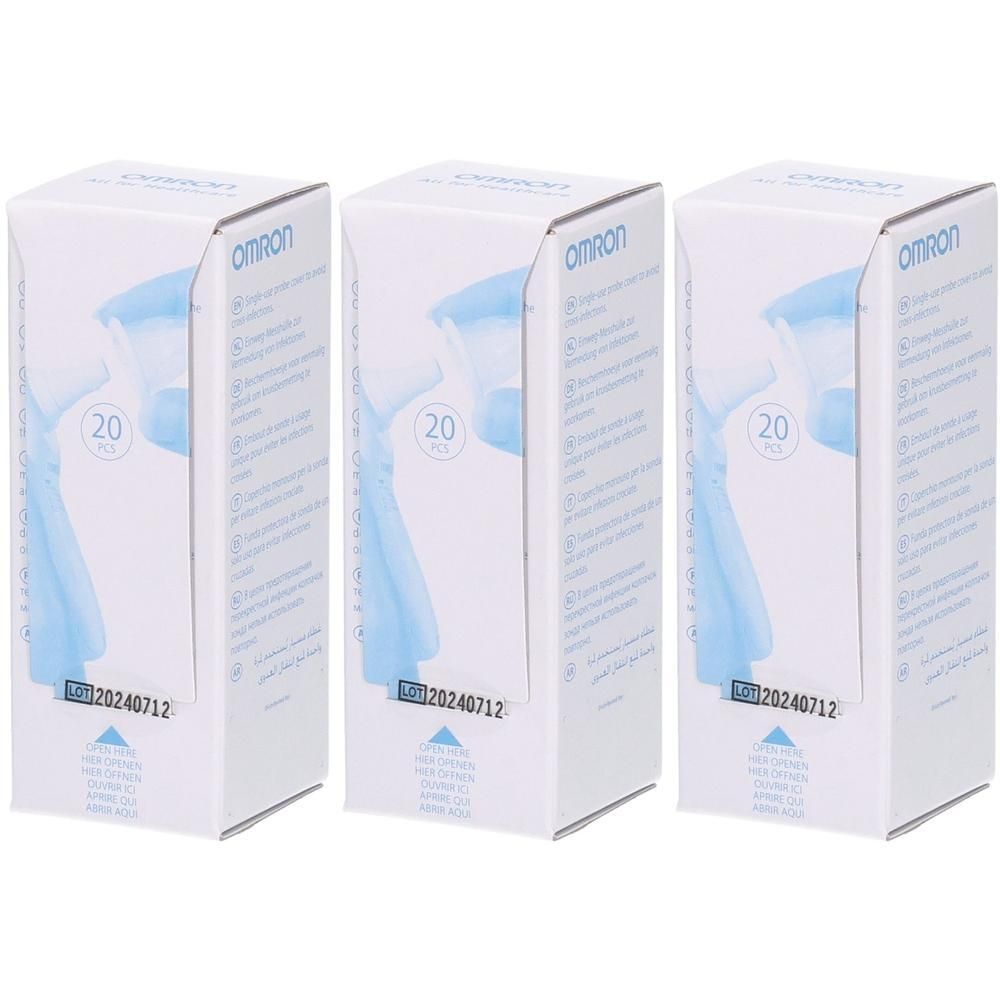Trois boîtes de 20 capuchons de mesure jetables OMRON pour thermomètre auriculaire.
