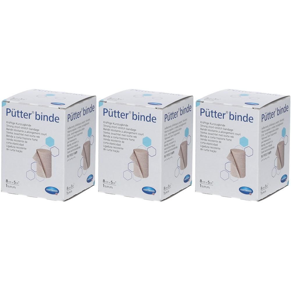Trois boîtes de Hartmann Putterverband, 8cm x 5m. Les boîtes montrent une image du bandage.