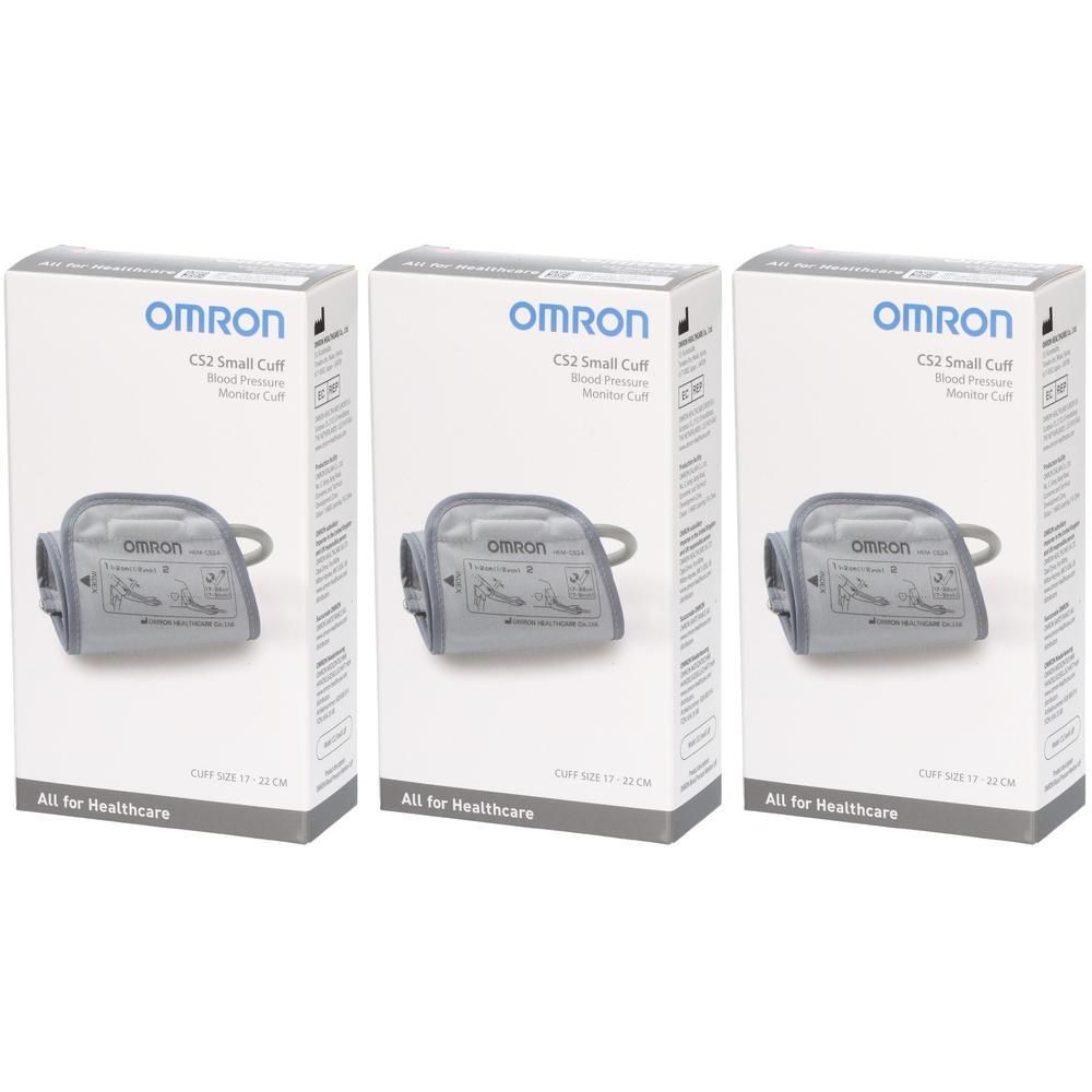 Drie Omron CS2 Small manchetten voor bloeddrukmeters in retailverpakkingen.