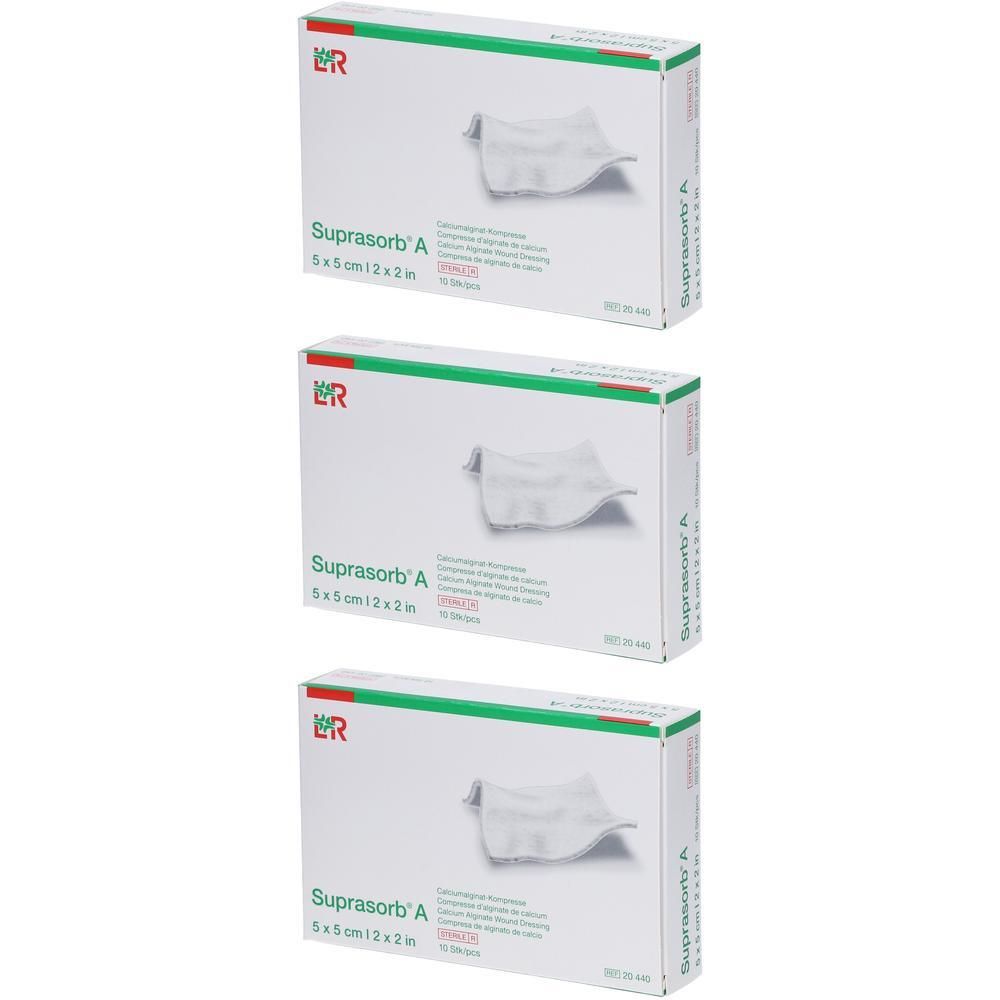 Trois paquets de compresses d'alginate de calcium Suprasorb A, 5x5cm.