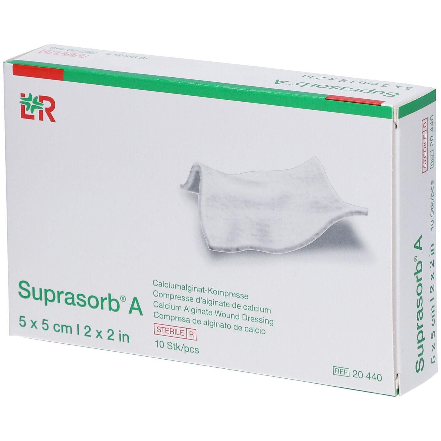 Verpakking met Suprasorb A Calciumalginaat Compres, 5x5 cm, 10 stuks.