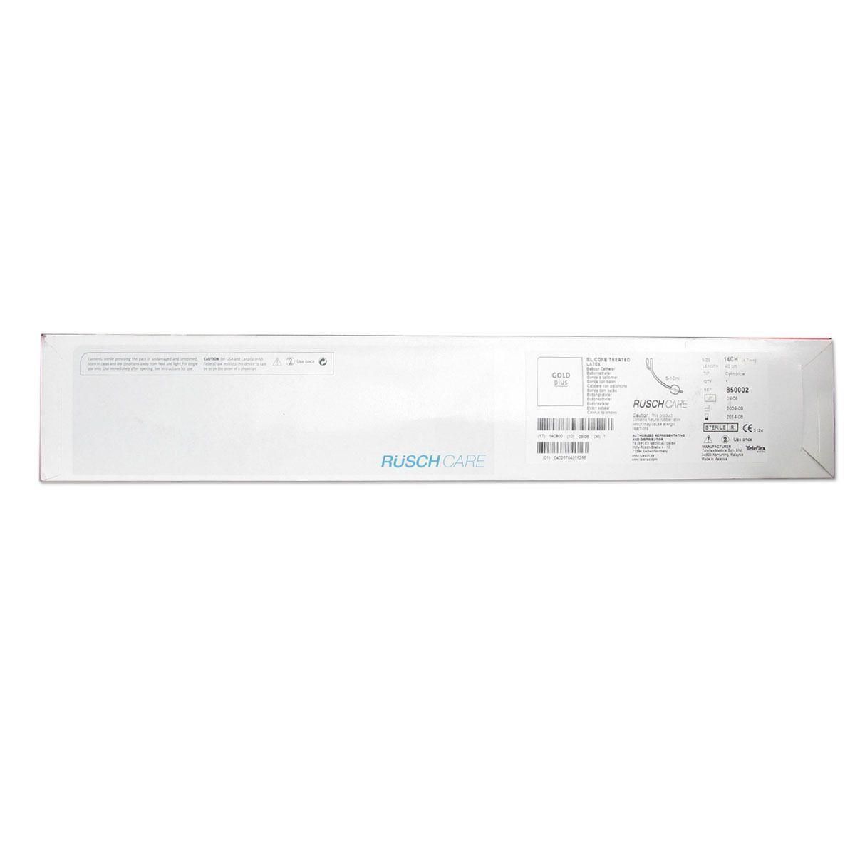 Emballage d'une sonde Rüschcare Ballon Gold Ch14. Contient des informations produit et le marquage CE.