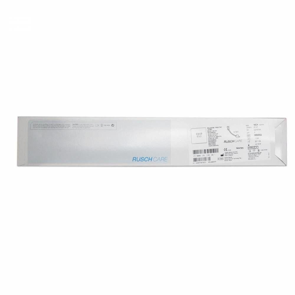 Emballage d'une sonde Rüschcare Ballon Gold Ch18. Contient des informations produit et le marquage CE.